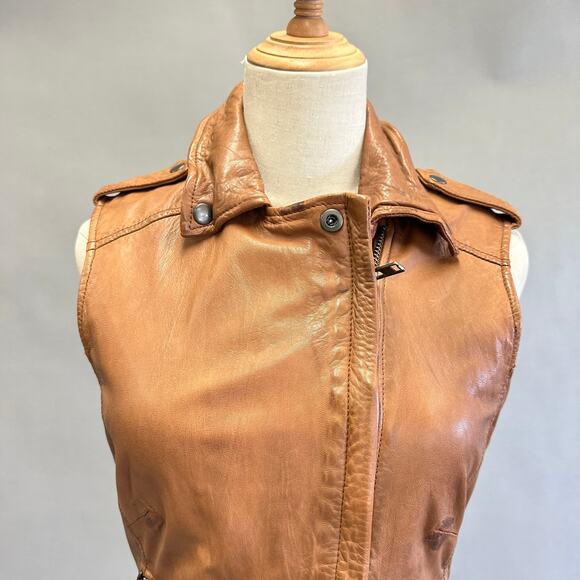 Muubaa Lynn Tan Brown Sleeveless Leather Biker moto jacket vest US Size 6 UK 10 - Picture 5 of 15